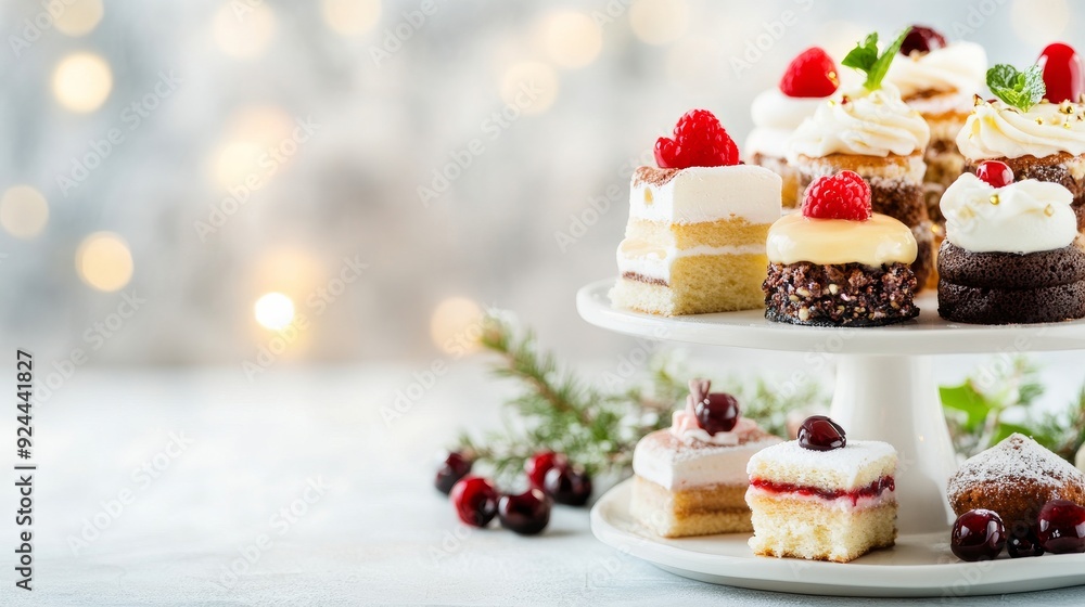A selection of assorted mini cakes displayed on a two-tiered cake stand, showcasing various flavors and decorations, perfect for a festive and celebratory setting. A selection of assorted mini cakes displayed on a two-tiered cake stand, showcasing various flavors and decorations, perfect for a festive and celebratory setting.