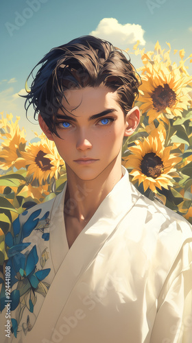 The teenager wore a white coat and stood in the sunflower Tanaka photo