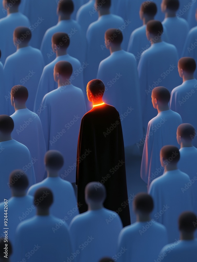 Fototapeta premium A person in a dark cloak stands illuminated in a crowd of similarly dressed blue-clad figures, creating a sense of identity and uniqueness amidst uniformity.