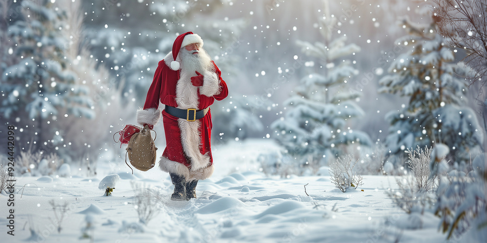 Der Nikolaus läuft in einer Schneelandschaft und bringt in seinem grossen Sack die Geschenke. Der Nikolaus läuft in einer Schneelandschaft und bringt in seinem grossen Sack die Geschenke.