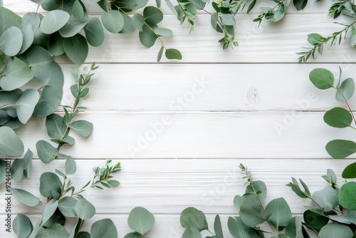 Wooden background with eucalyptus leaves, botanical frame on white wood
