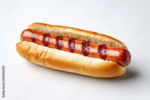 A close-up view of a grilled hotdog with char marks placed inside a soft, fresh bun, presented on a plain white background for a delicious and simple presentation.