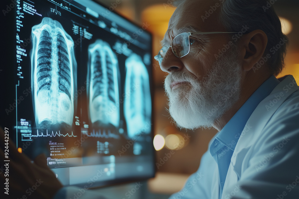 man is looking at a computer monitor displaying three X-ray images of a patient's lungs man is looking at a computer monitor displaying three X-ray images of a patient's lungs