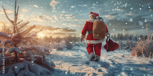 Der Nikolaus läuft in einer Schneelandschaft und bringt in seinem grossen Sack die Geschenke. photo