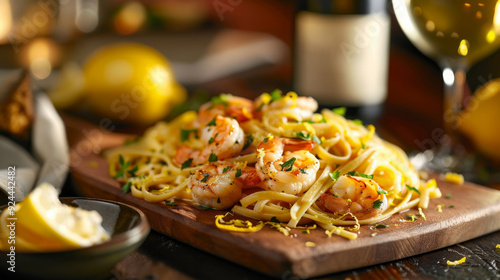 Indulge in a gourmet presentation of Lemon Garlic Shrimp Linguine, with linguine pasta beautifully coated in a rich lemon garlic butter sauce and topped with perfectly saused shrimp photo