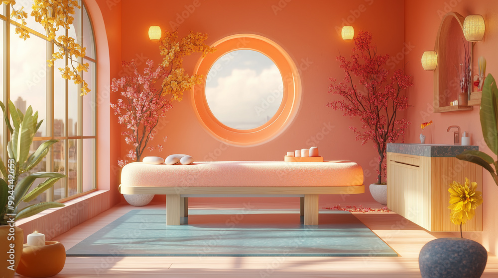 Sunlit spa room with massage table and floral decor Sunlit spa room with massage table and floral decor