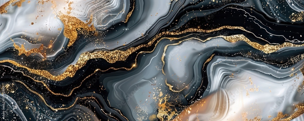 Obraz premium Stunning abstract pattern showcasing elegant swirls of black, white, and gold, Modern art and design projects.