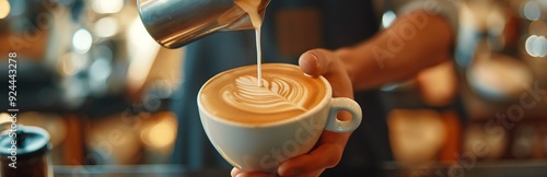 Detail shot of a barista pouring steamed milk into a cup of coffee, creating intricate and beautiful latte art patterns with precision.