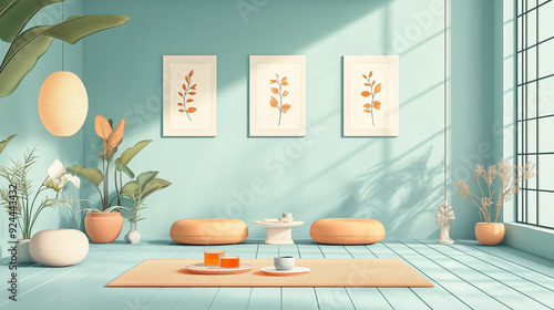 Wallpaper Mural Minimalist tea room with soft pastel tones and botanical wall art Torontodigital.ca