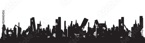 Silhouette of a destroyed city on a white background. Abandoned and destroyed buildings. Houses damaged by war or earthquake Vector.