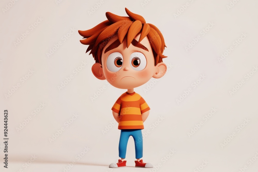 3D cartoon boy with a curious expression, casual standing pose
3D cartoon boy with a curious expression, casual standing pose