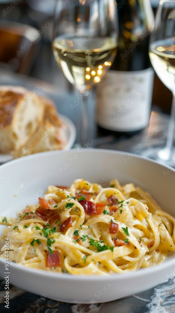 Savor the luxury of upscale dining with creamy carbonara, featuring fettuccine pasta generously coated in a rich carbonara sauce made from egg yolks and pecorino Romano cheese Savor the luxury of upscale dining with creamy carbonara, featuring fettuccine pasta generously coated in a rich carbonara sauce made from egg yolks and pecorino Romano cheese