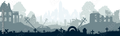 Silhouette of a cemetery against the background of a destroyed city. Vector © Евгений Соловьев