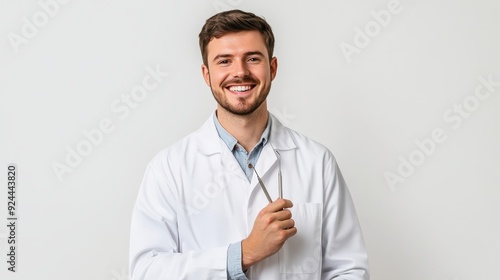 A cheerful young man in a lab coat holds a tool, showcasing his friendly demeanor in a professional environment