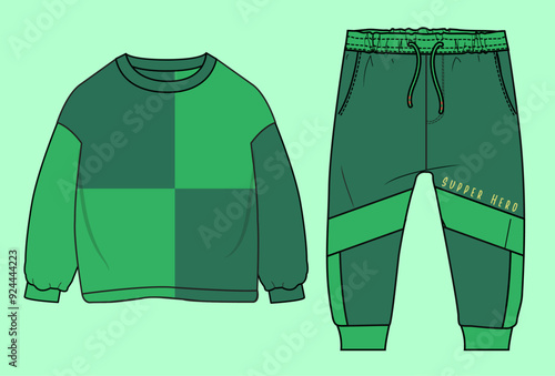 Baby boys winter terry fleece colour block drop shoulder round neck sweatshirt and jogger flat sketch outline vector fashion illustration template. 