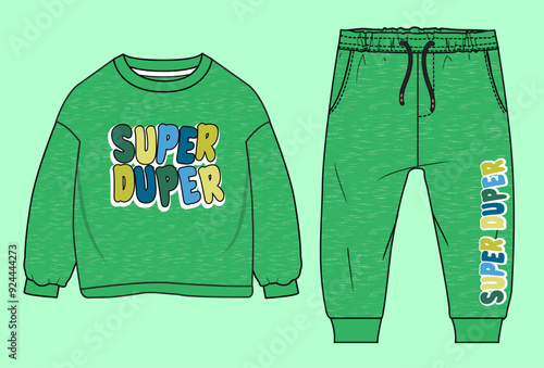 Baby boys winter green texture terry fleece drop shoulder round neck typographic sweatshirt and jogger flat sketch outline vector fashion illustration template.