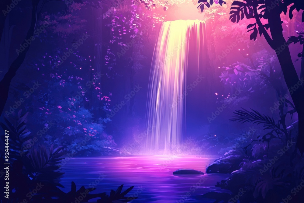 Obraz premium A Serene Waterfall Cascading into a Purple Lagoon Surrounded by Lush Foliage