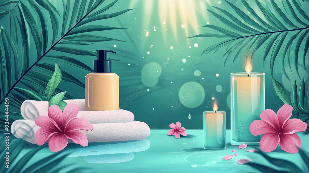 Tropical spa setting with candles, flowers, and skincare products Tropical spa setting with candles, flowers, and skincare products