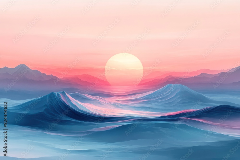 Fototapeta premium Abstract Mountain Range with a Sun Setting Behind it