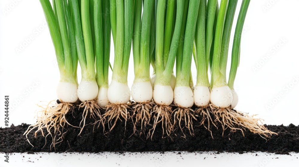 Onions Growing Roots A cross-section view of green onions growing in soil, showcasing white ...