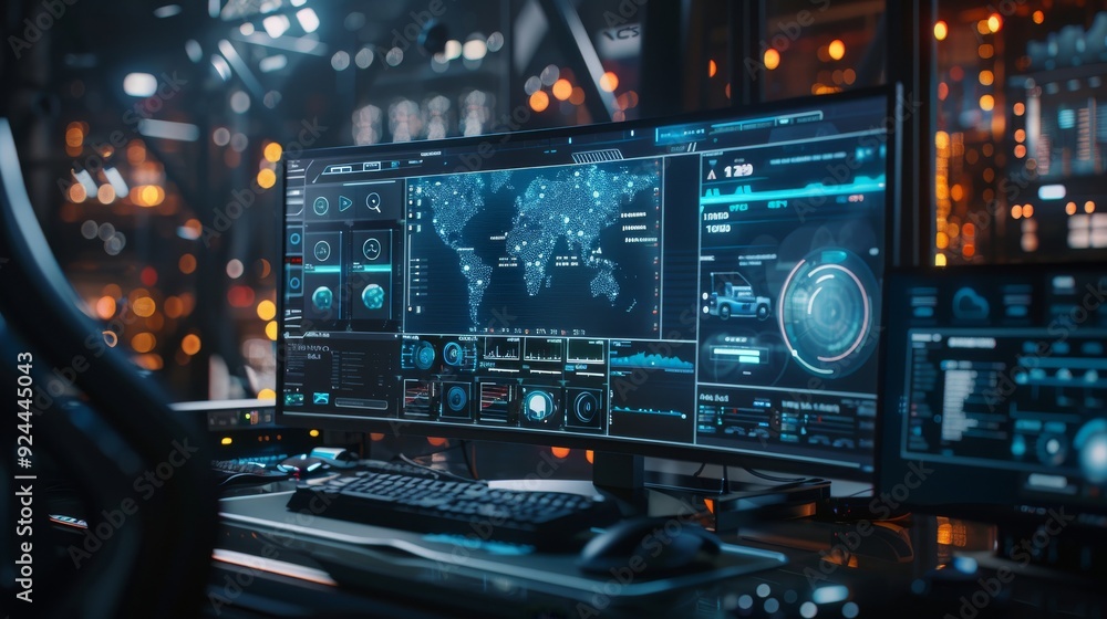 Futuristic Digital Dashboard with World Map and Data Visualization Futuristic Digital Dashboard with World Map and Data Visualization