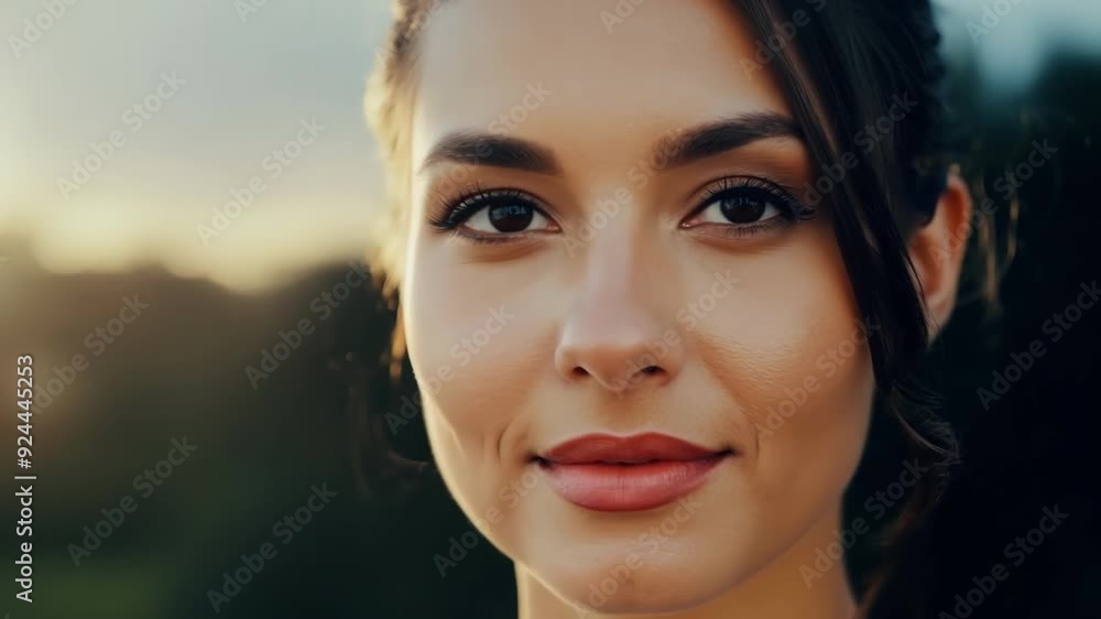 custom made wallpaper toronto digitalYoung woman beaming with joy outdoors at sunset, her face glowing in soft light, radiating happiness and vitality