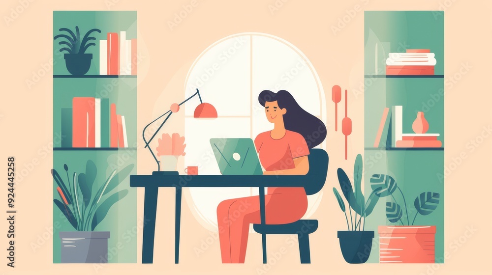 A woman is sitting at a desk with a laptop and a potted plant in front of her A woman is sitting at a desk with a laptop and a potted plant in front of her
