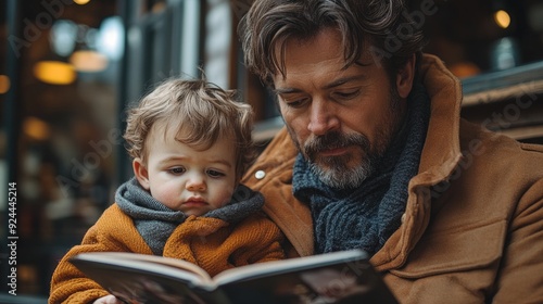 father with small son resting indoors at home looking at photo album mature