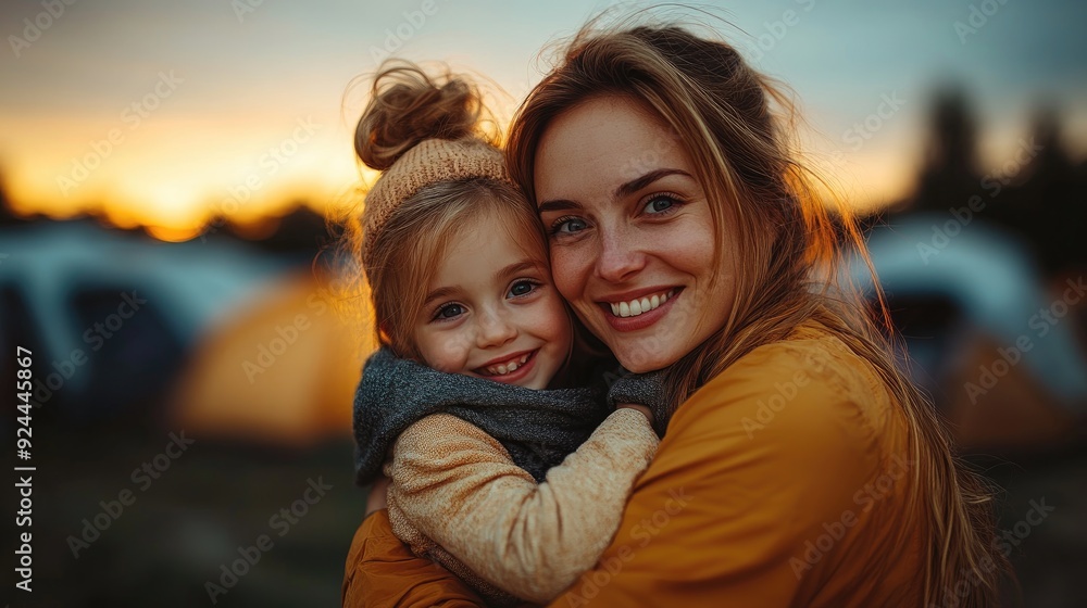 mother hugging daughter outdoors by caravan at dusk in family campsite holiday trip mother hugging daughter outdoors by caravan at dusk in family campsite holiday trip