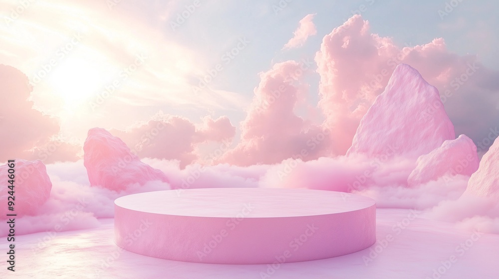 clouds in the sky, A soft pink pedestal stand, \ sky with pastel hues, pink cloud sky, pink podium clouds in the sky, A soft pink pedestal stand, \ sky with pastel hues, pink cloud sky, pink podium