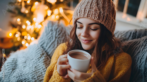 Woman enjoying hot chocolate, cozy atmosphere, winter vibes, hygge.