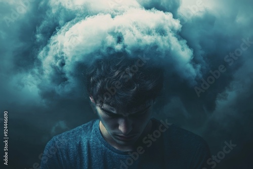 16081216 06 A young man with his head slightly tilted down stands under a large, dark cloud, symbolizing the burden of depression and mental health struggles. The soft lighting and neutral background