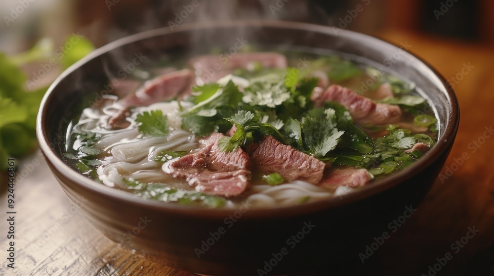 Steaming Bowl of Pho with Beef and Cilantro Steaming Bowl of Pho with Beef and Cilantro