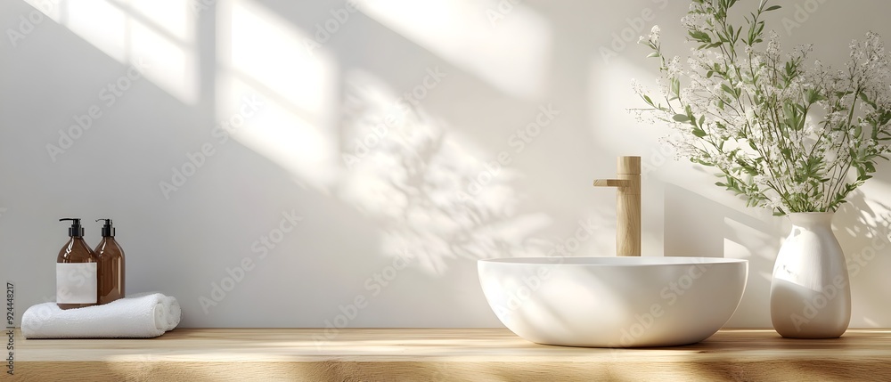 Fototapeta premium Minimalist and serene bathroom setup featuring ceramic sink fresh flowers and soft towels