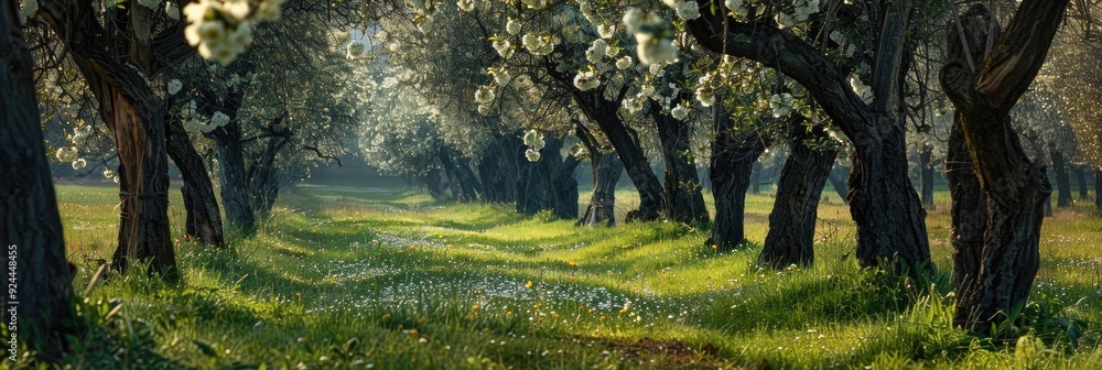 Fototapeta premium Blooming apple tree in spring surrounded by a row of trees in an old orchard with a meadow.