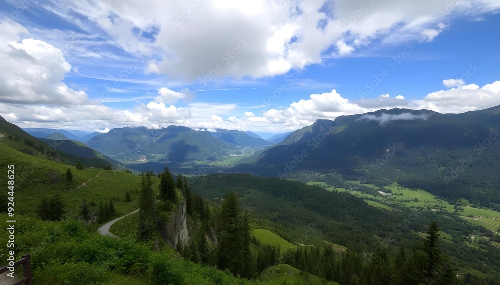 Fototapeta premium Stunning Alpine Landscape with Lush Greenery and Dramatic Skies