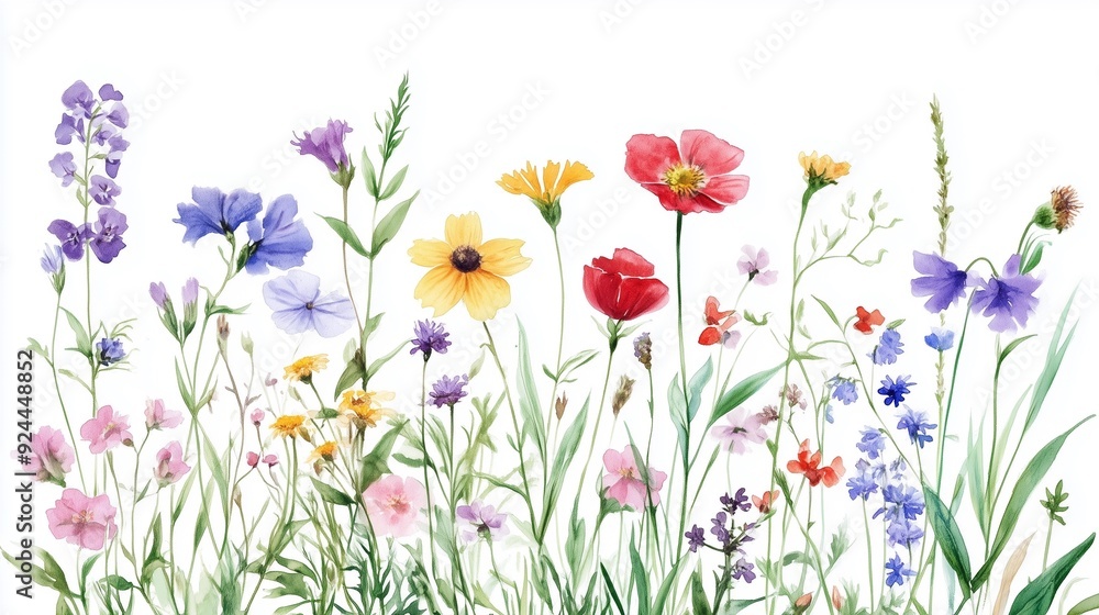spring flowers on white, flowers in the grass, watercolor illustration, floral background spring flowers on white, flowers in the grass, watercolor illustration, floral background