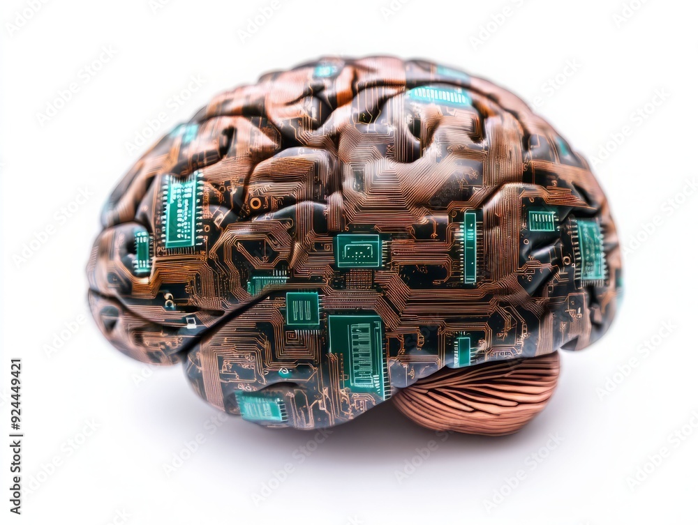 Fototapeta premium A futuristic brain sculpture featuring intricate circuit designs, symbolizing the fusion of technology and human intellect.