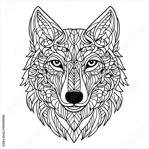Coloring page for adults, Geometric illustration of Wolf Mandala coloring page outline with intricate patterns. Perfect for relaxation and creativity.