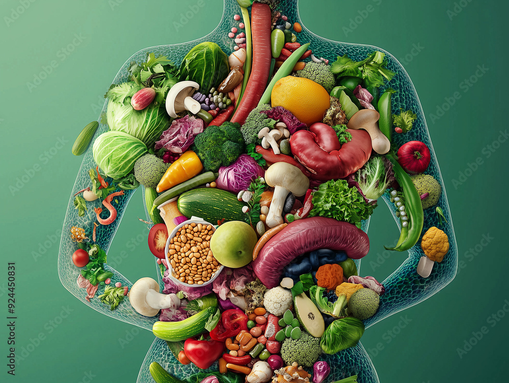 Illustration eines gefüllten Bauches mit Mikroorganismen und Gemüse Illustration eines gefüllten Bauches mit Mikroorganismen und Gemüse