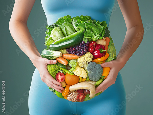 Illustration eines gefüllten Bauches mit Mikroorganismen und Gemüse