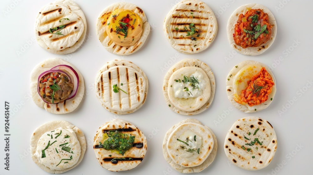 A plate of small, round, grilled tortillas with various toppings A plate of small, round, grilled tortillas with various toppings