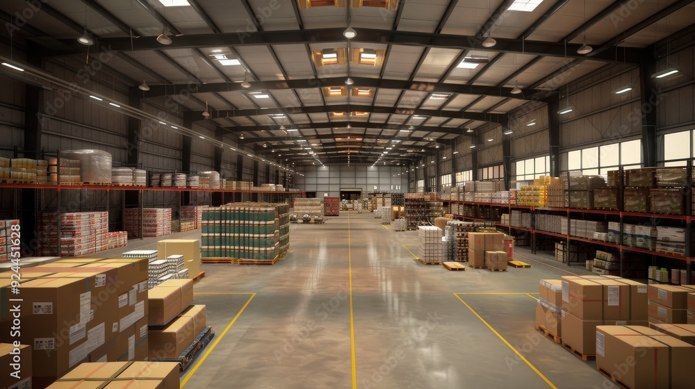 A large warehouse with many boxes stacked on shelves A large warehouse with many boxes stacked on shelves