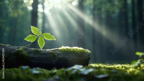 Moss-covered tree branch illuminated by light beam, chiaroscuro.