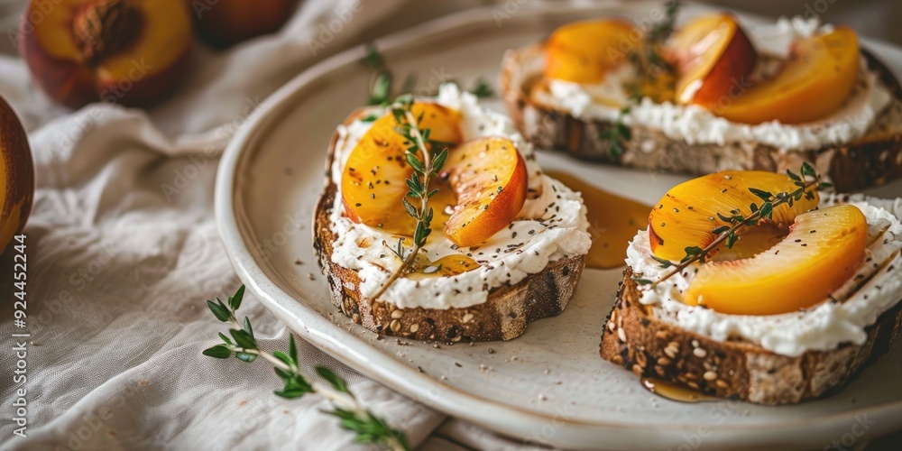 Summer Breakfast Toast with Grilled Peaches Cream Cheese Thyme and Honey on Beige Linen Tablecloth Selective Focus Summer Breakfast Toast with Grilled Peaches Cream Cheese Thyme and Honey on Beige Linen Tablecloth Selective Focus