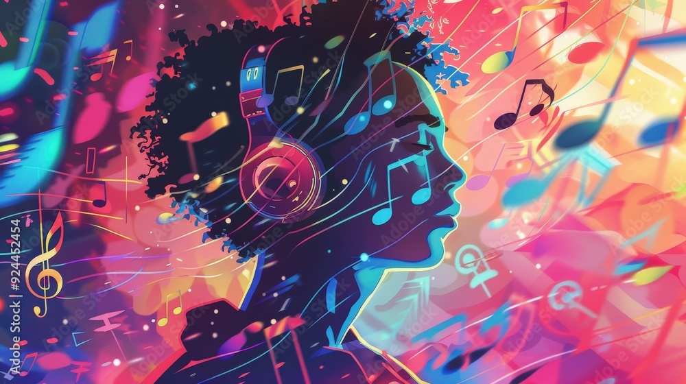 Concept of creativity and freedom, as the woman is immersed in her music Concept of creativity and freedom, as the woman is immersed in her music