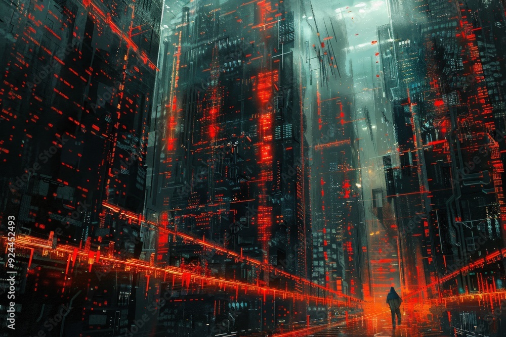 A cityscape with a person walking on a bridge A cityscape with a person walking on a bridge