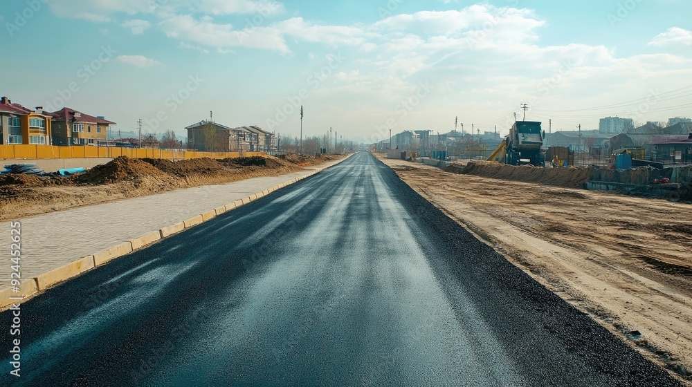 Road repair area with freshly laid pavement and an empty construction site. Road repair area with freshly laid pavement and an empty construction site.