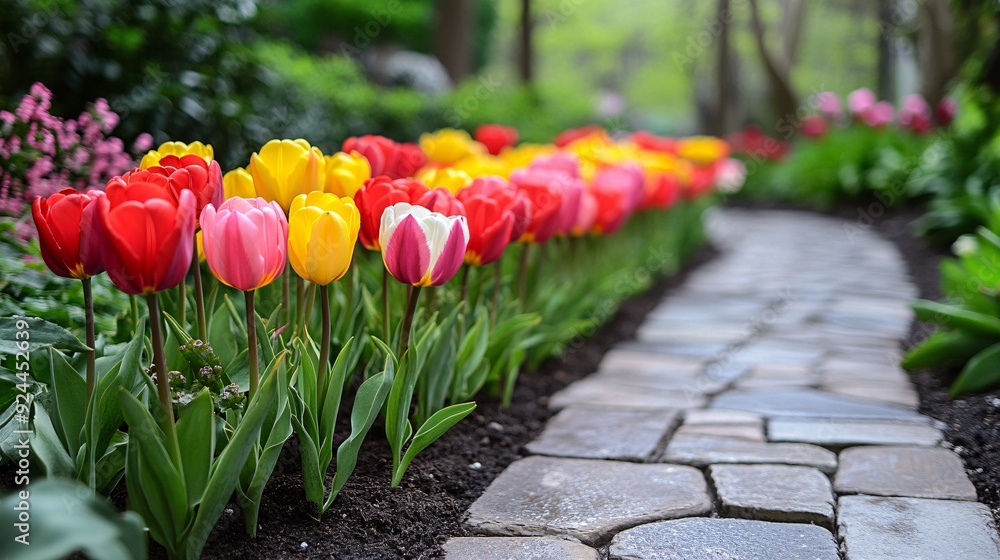 Lively Garden Bed with Colorful Tulips at Sunrise Lively Garden Bed with Colorful Tulips at Sunrise