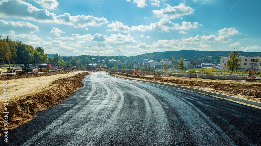 Naklejka premium Road repair area with freshly laid pavement and an empty construction site.